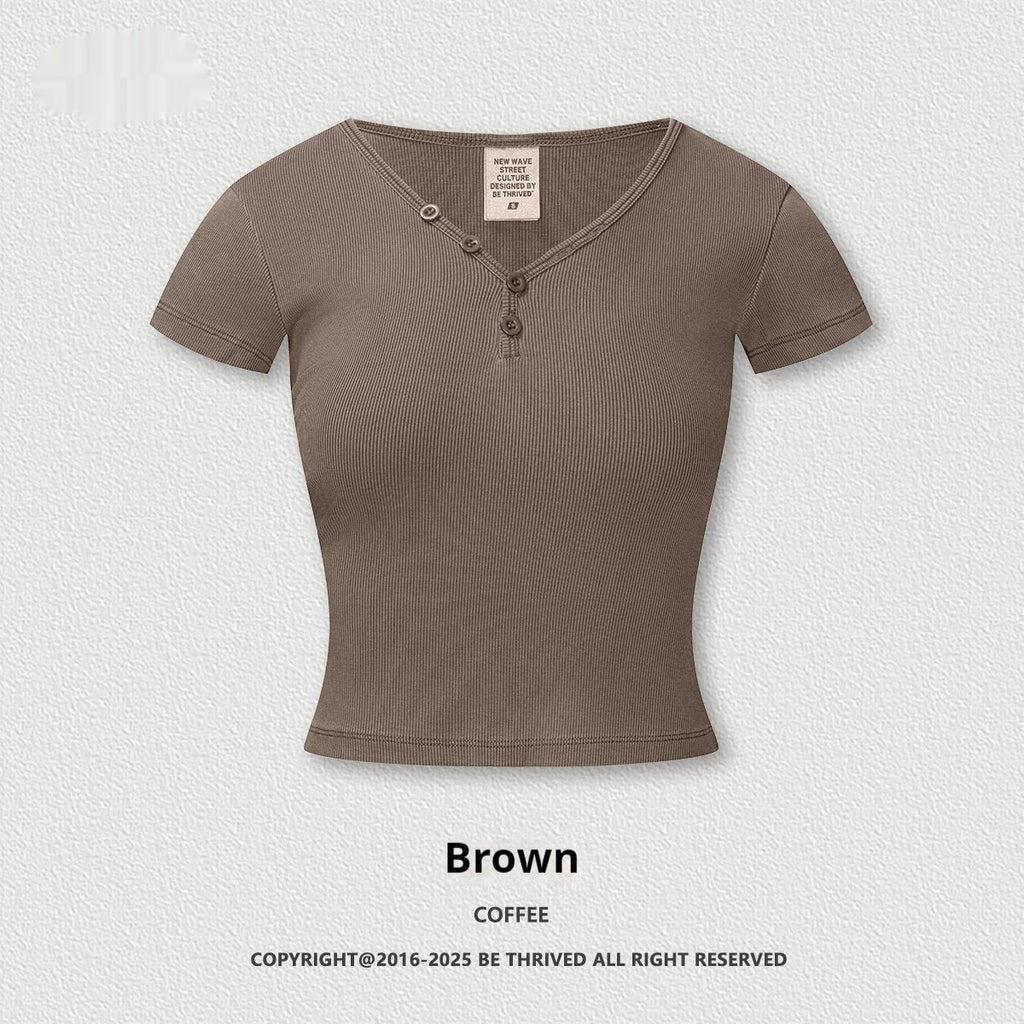 Retro Design Hot Girl Slim Top Button V-neck Shoulder Short Sleeve