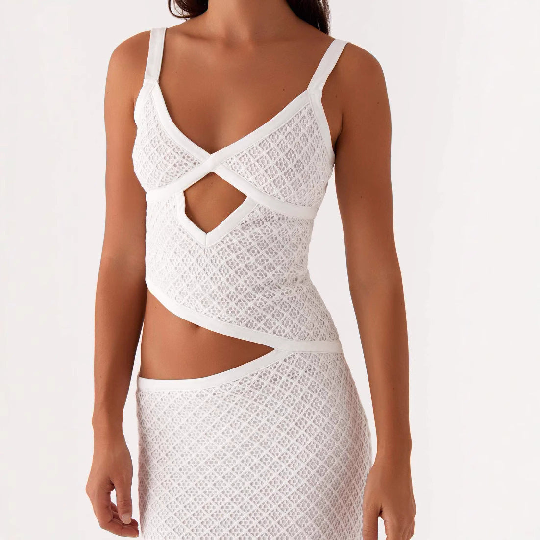 Fashionable, Elegant And Sexy Sling Solid Color Hollow Mesh Dress