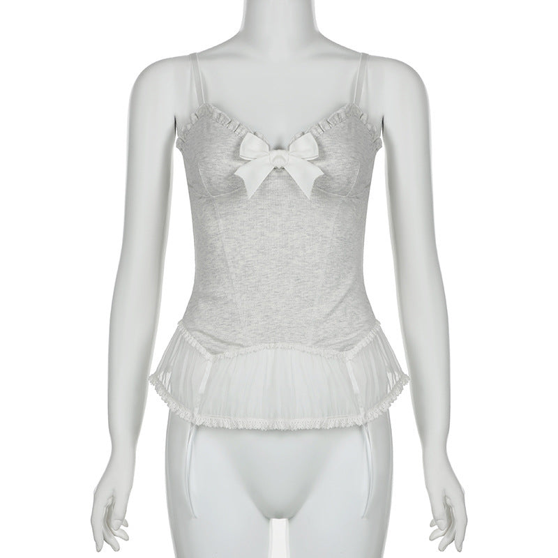 Girl Slim Fit Waist-tight Pure Mesh Vest Pure Desire Wind Sexy Low-cut V-neck Pleated Lace Bow Suspenders