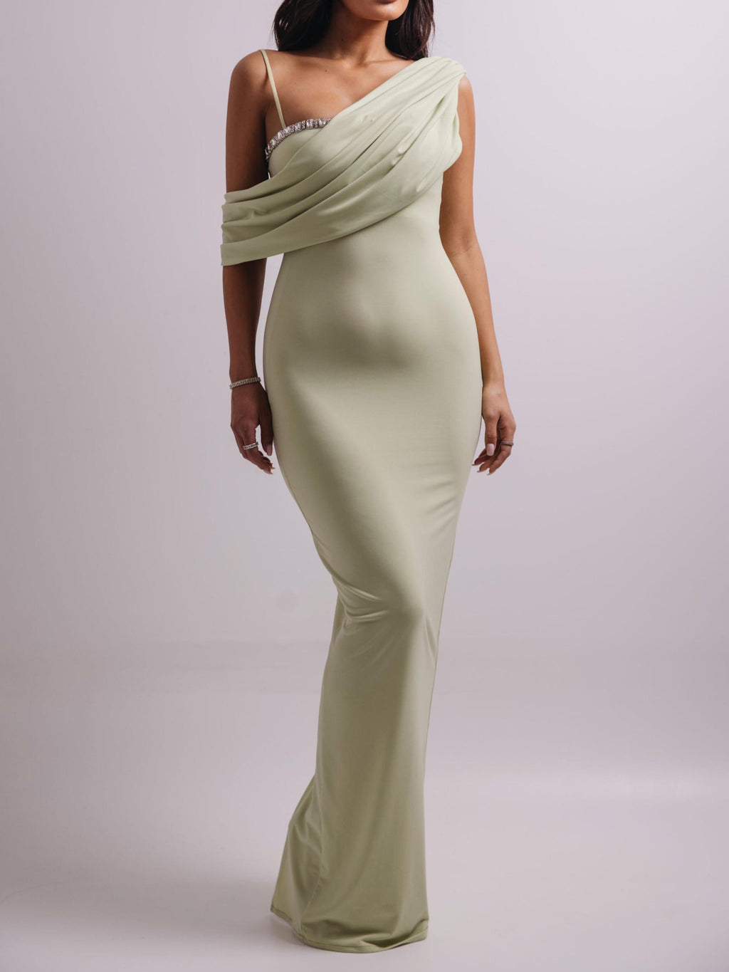 Light Green Off-The-Shoulder Rhinestone Bodycon Dress