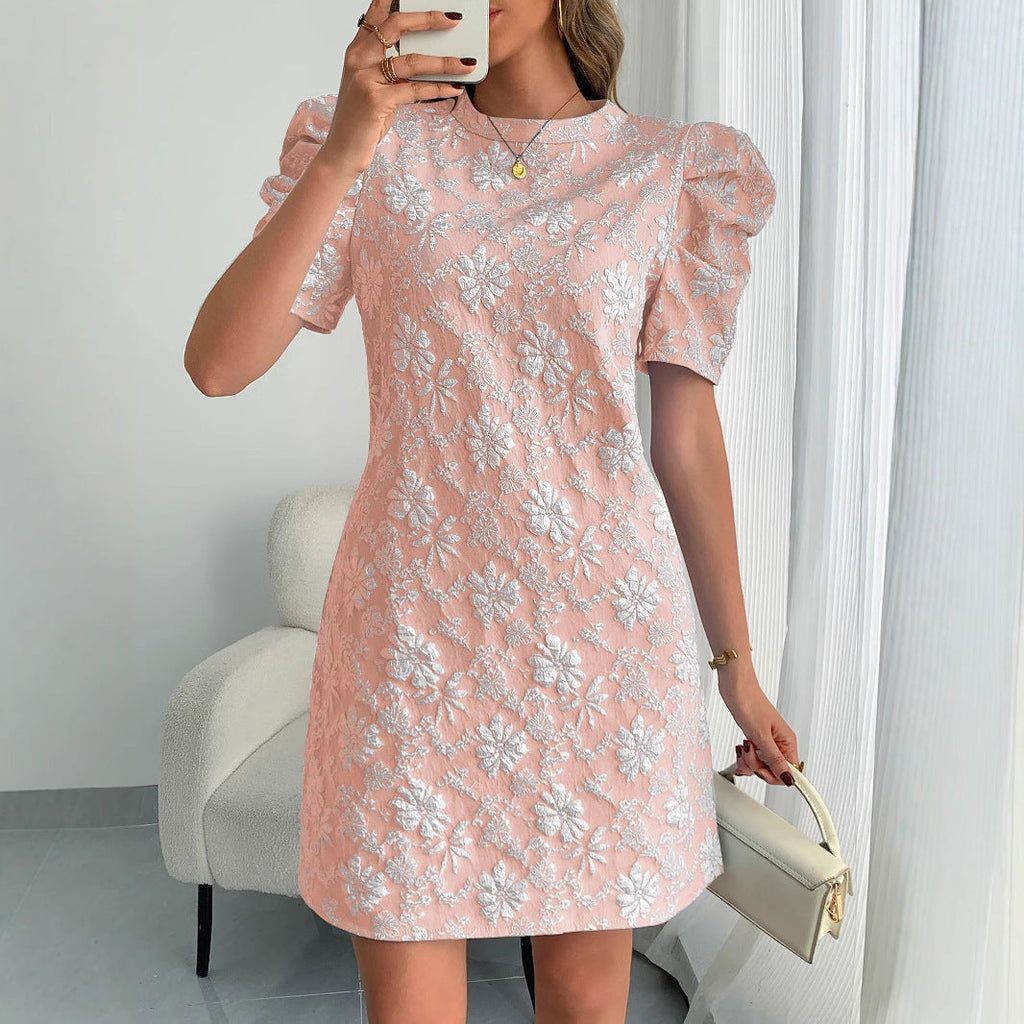 Ladies Puff Sleeve Texture Jacquard Round Neck Retro Style Dress