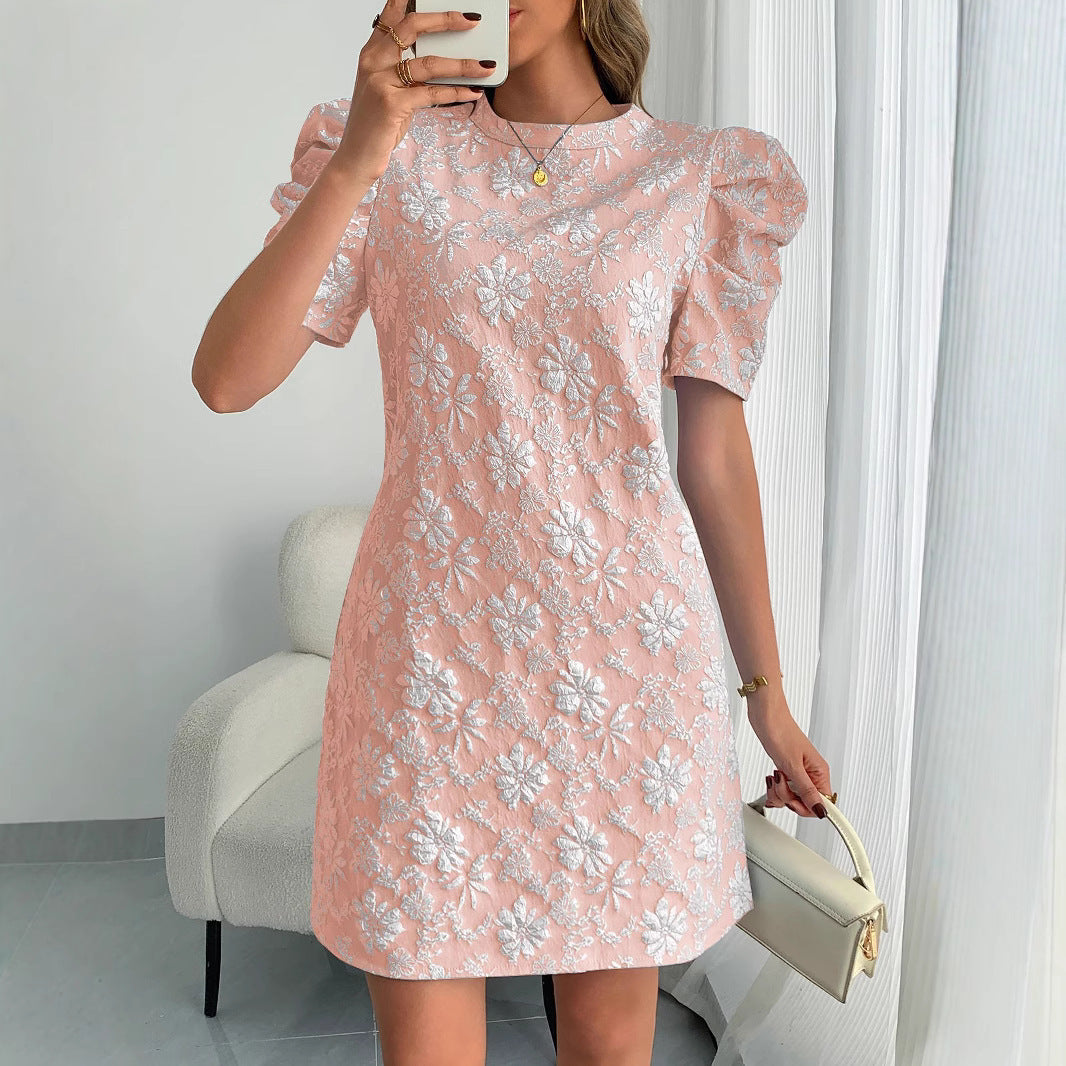 Ladies Puff Sleeve Texture Jacquard Round Neck Retro Style Dress