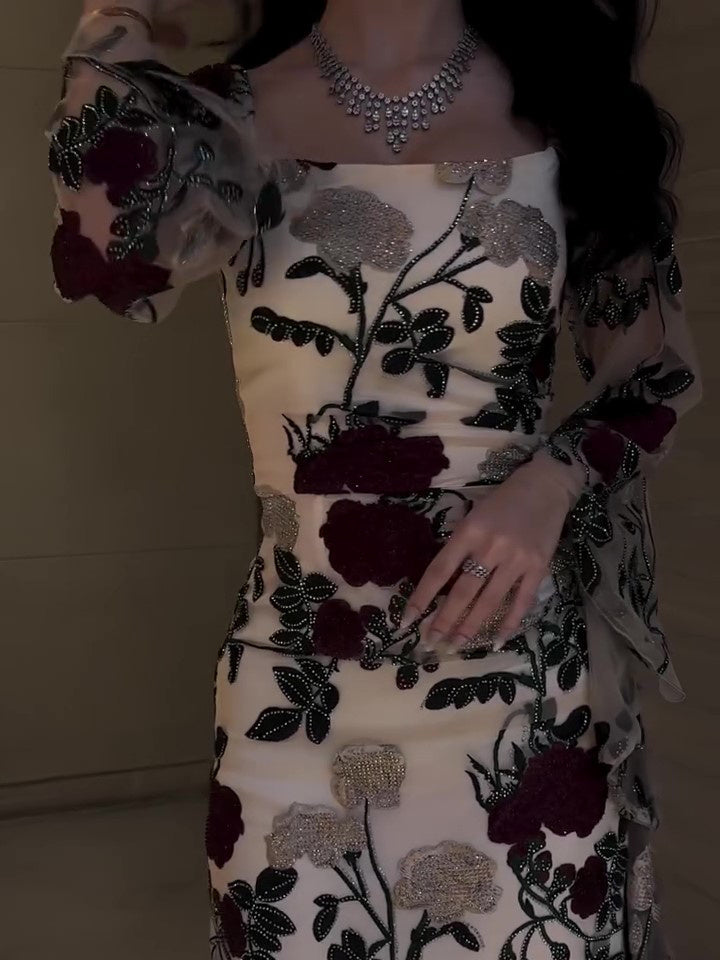 Mesh Floral Embroidered Long-sleeved Dress