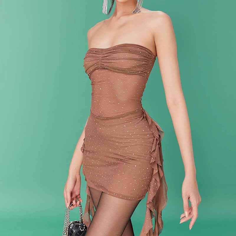 Starry Hot Rhinestone Tube Top Ribbon Mesh See-through Dress Women