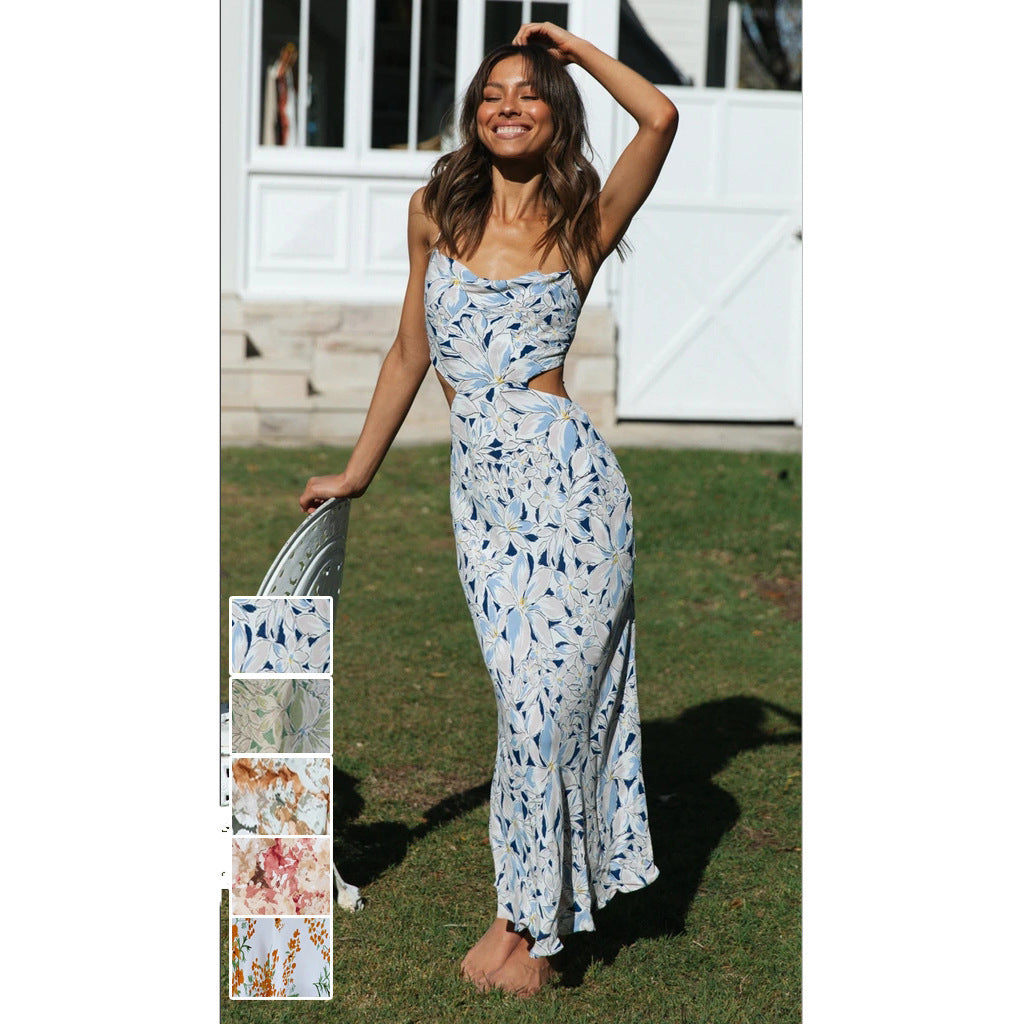 New Small Floral Print Backless Lace-up Sweet Spaghetti-strap Dress