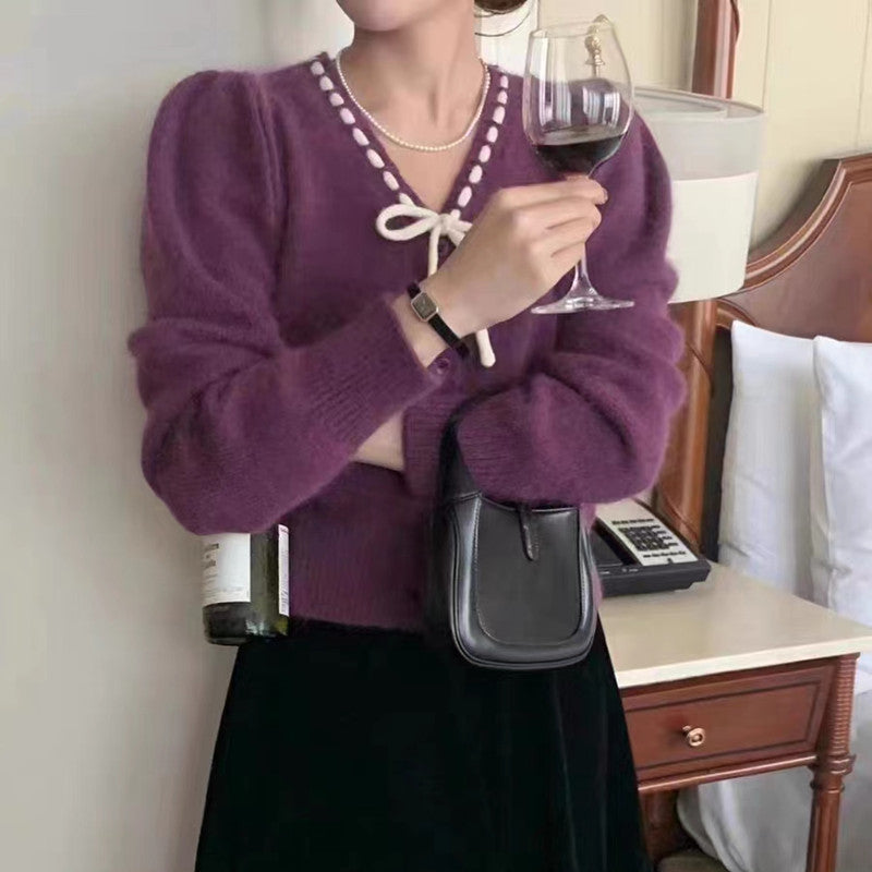 Women's Bow Tied V-neck Loose Long Sleeve Knitted Cardigan Sweater