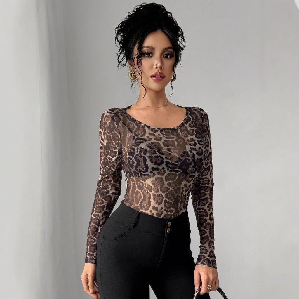 Transparent Leopard Mesh Round Neck Long Sleeved Fitted T-shirt