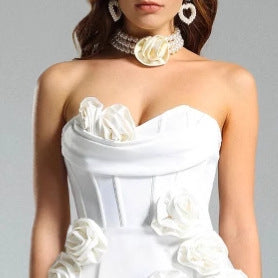 Three-dimensional Flower Decoration Tight Strapless Bandage One-piece Dress