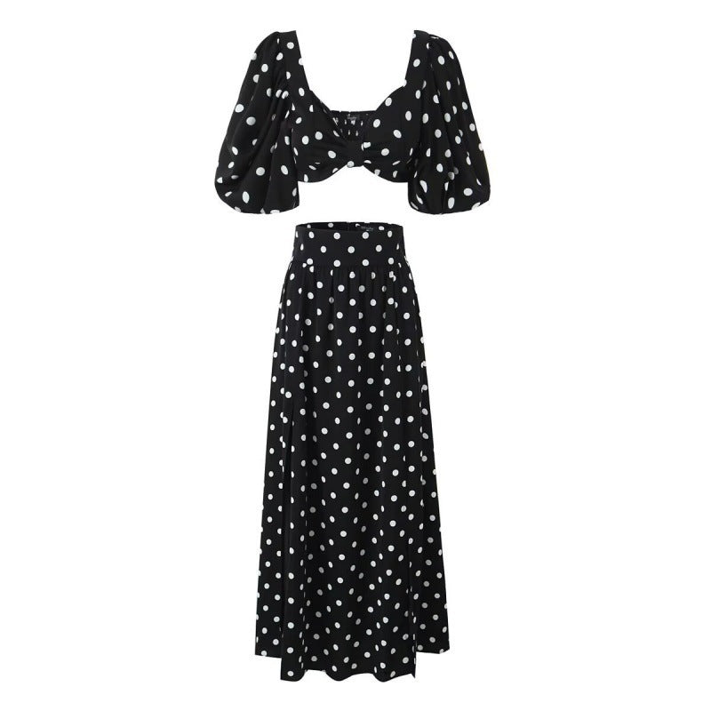 Sexy Polka Dot Split Top Mid-length Dress Set