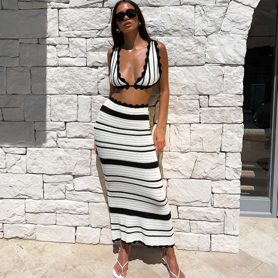 Striped 2pcs Bikini Casual Vest Sling Top Suit Beach Summer Y2K Long Dress Suits For Women