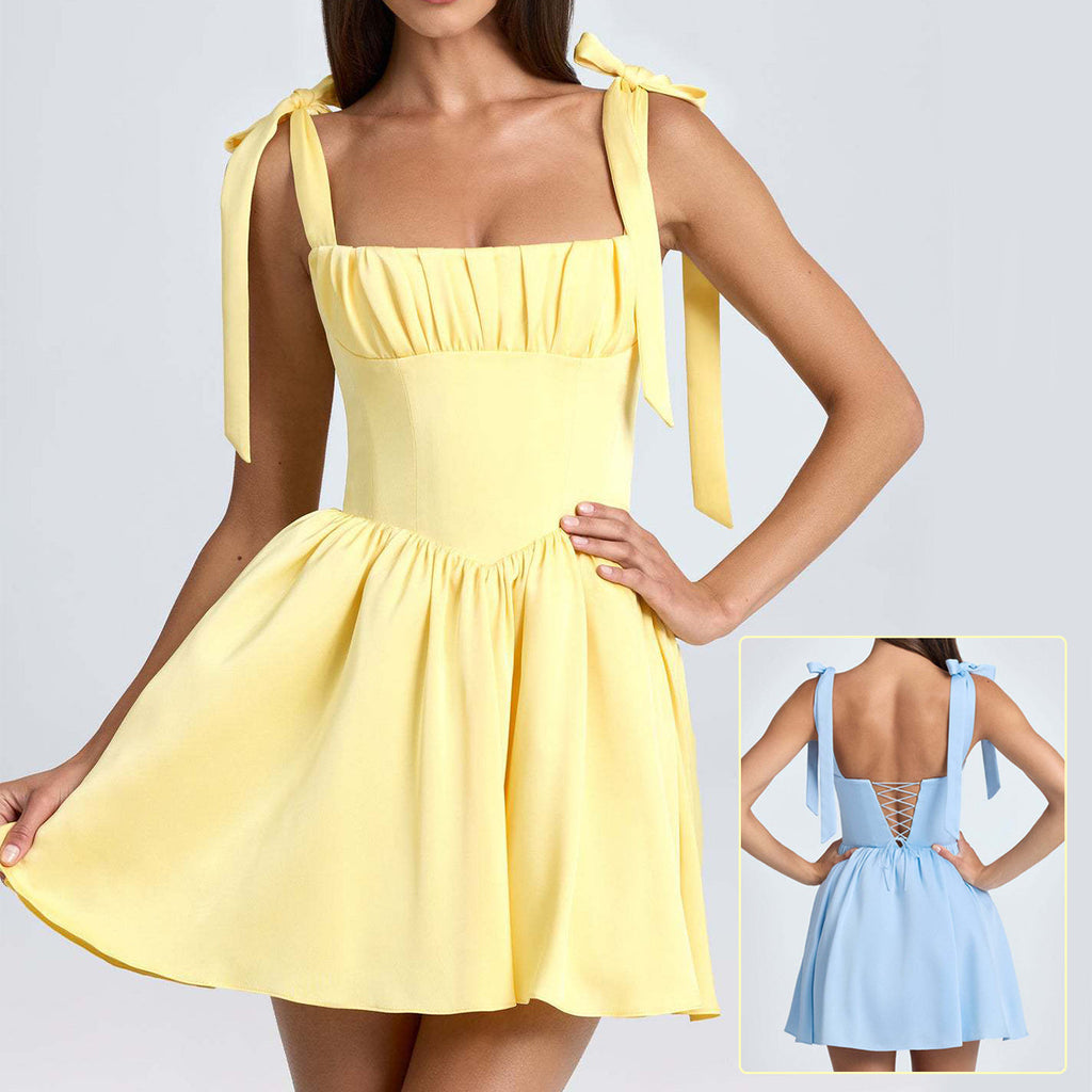 Bow-tied Strap Dress Summer Fashion Backless Square Collar High Waist Short Dress