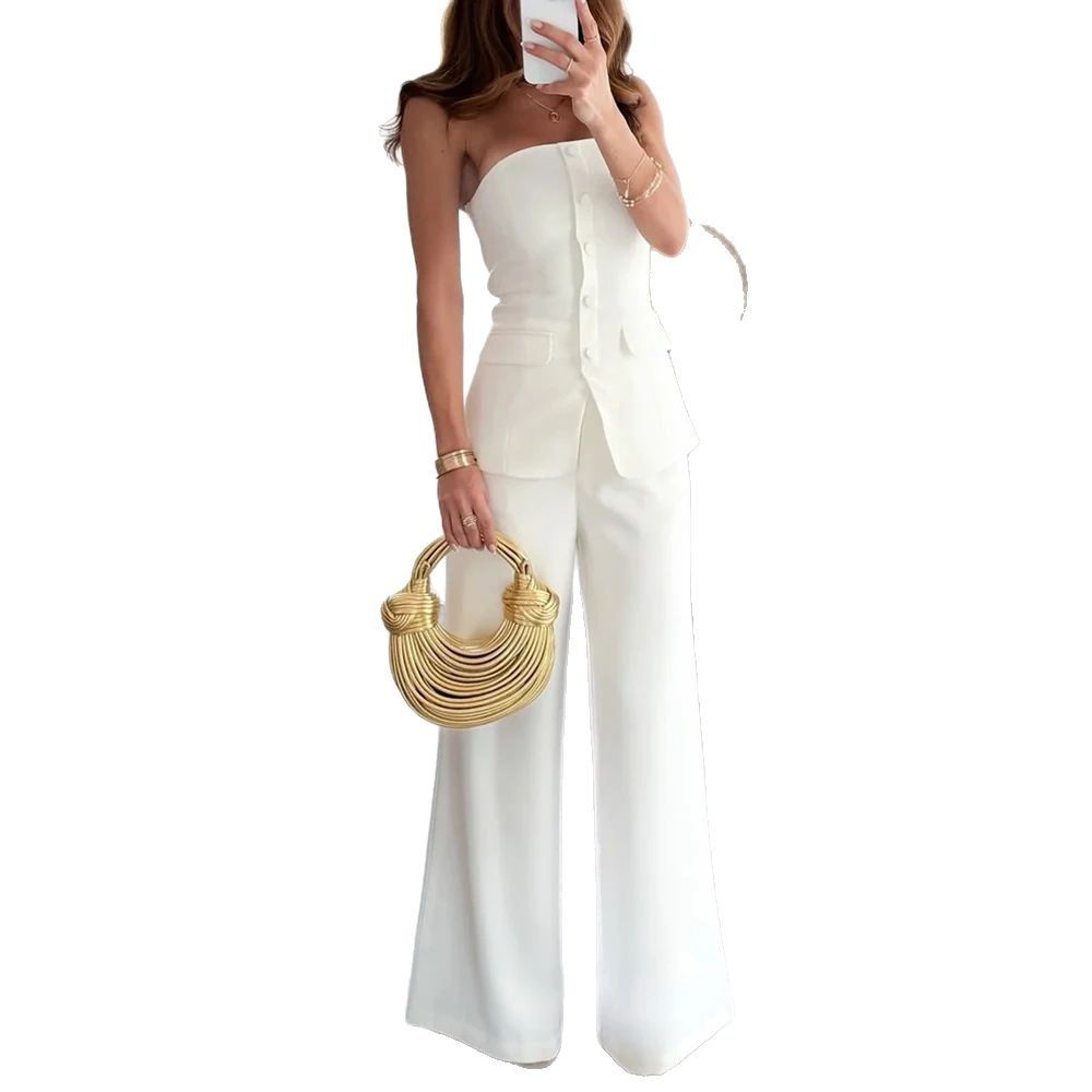 Off-shoulder Sleeveless Single-breasted Slim-fitting Straight Pants Suit