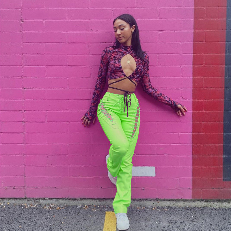 Women's High Waist Hollow-out Strap Straight Ankle Tied Leather Pants