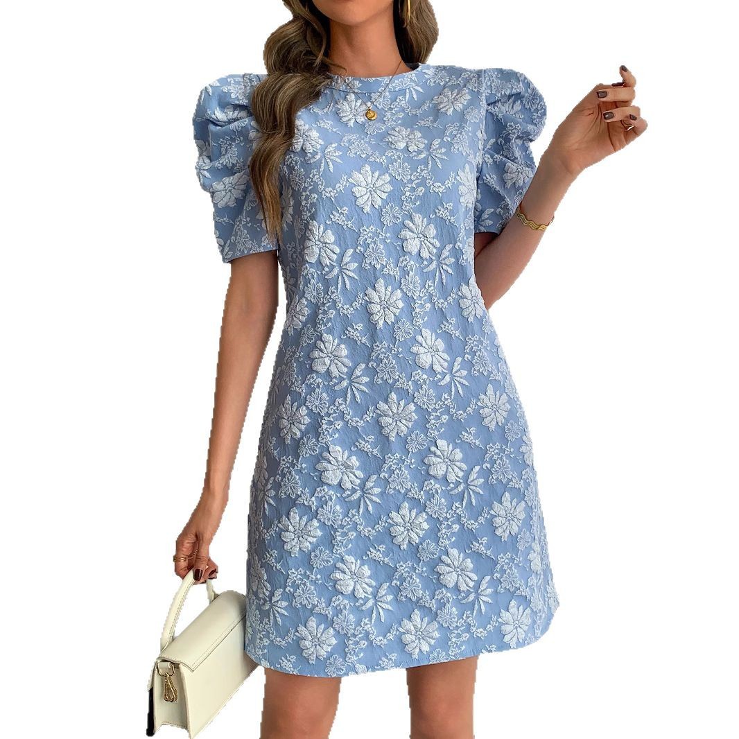 Ladies Puff Sleeve Texture Jacquard Round Neck Retro Style Dress