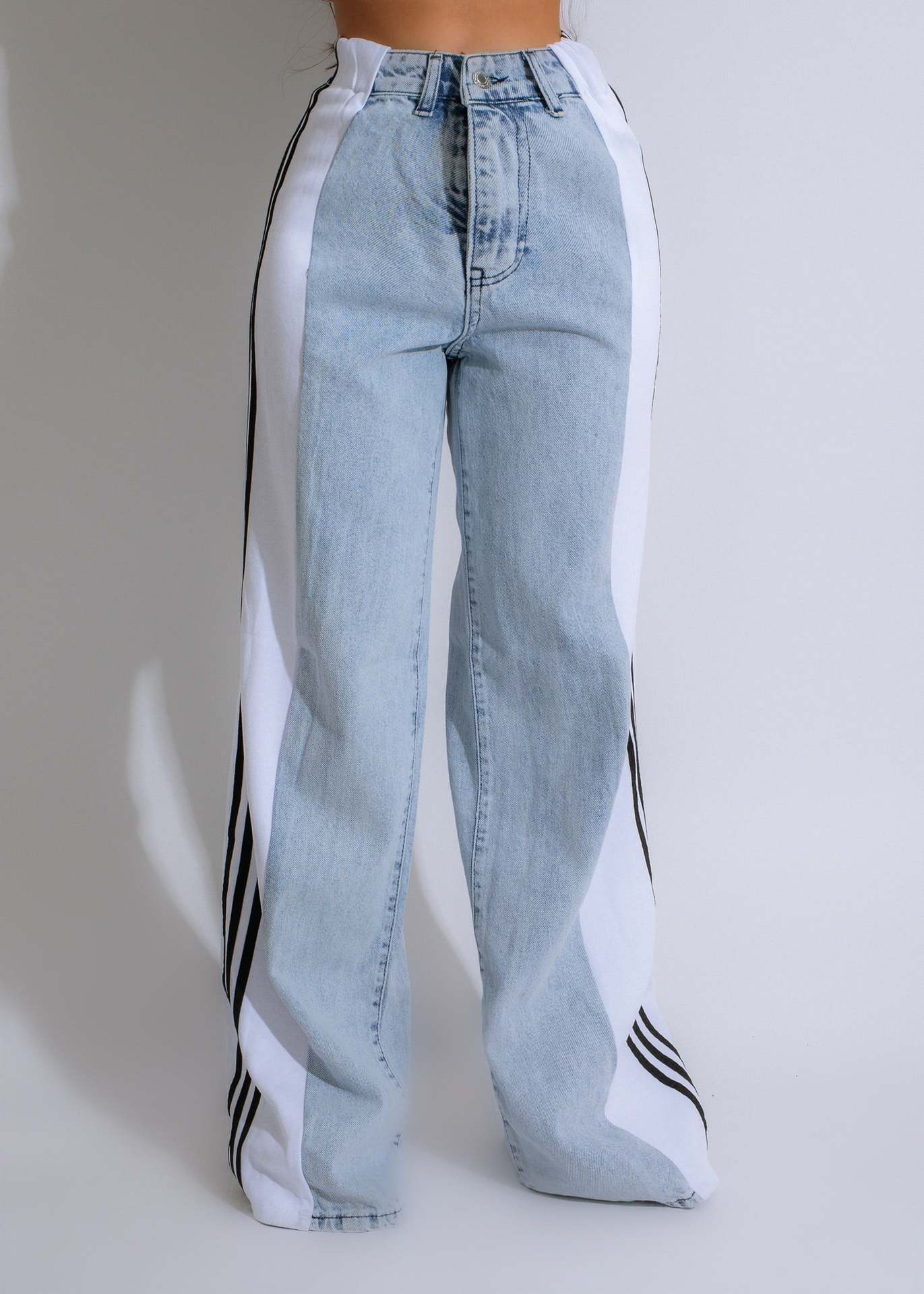 Fashion Casual High Waist Elastic Straight Leg Trousers Three Stripe Patchwork Denim Wide Leg Pants Streetwear
