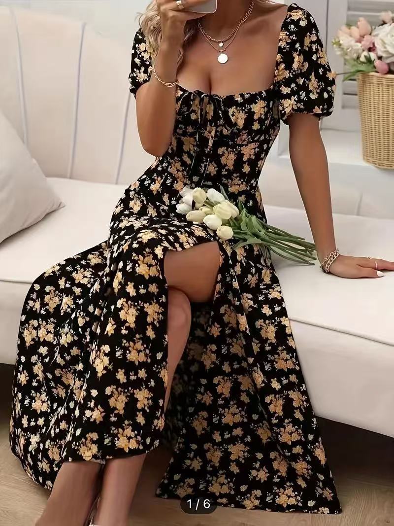 Floral Print Short Sleeve Split Dress