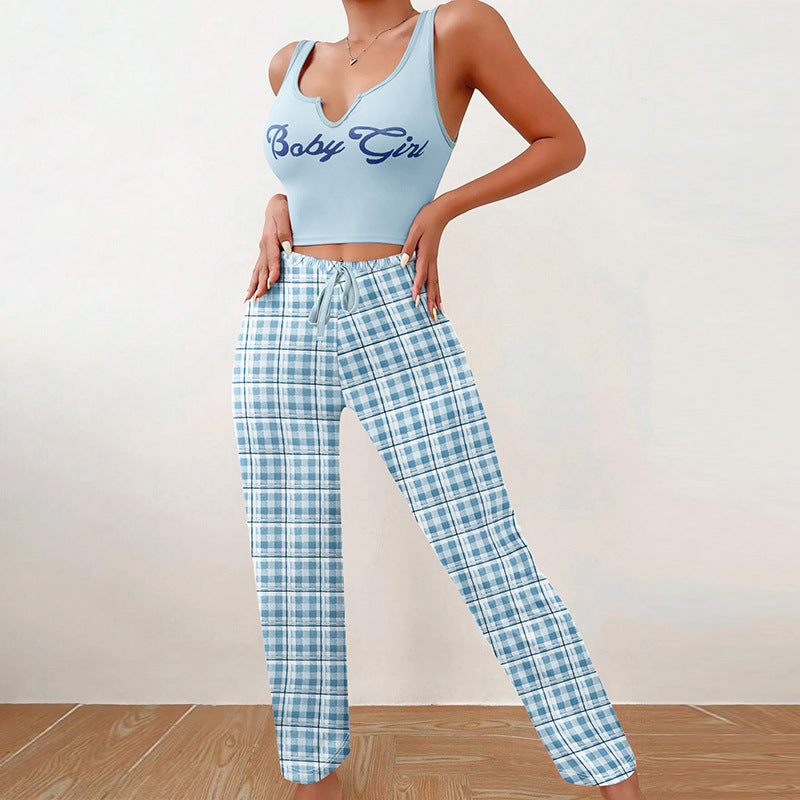 Women's Spring/Summer Casual Pajama Set â€?Sleeveless Letter Print Top and Color-Blocked Plaid Pants