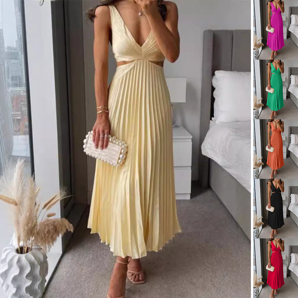 Suspender Pleated Long Dress With Hollow-waisted Design Fashion V-neck Backless Dresses Summer Women's Clothing