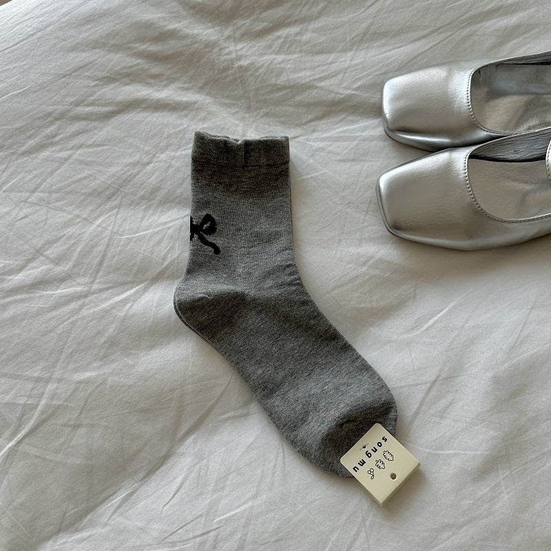 Japanese Style Simple Mid-calf Length Socks For Women Spring And Summer Heel Bow