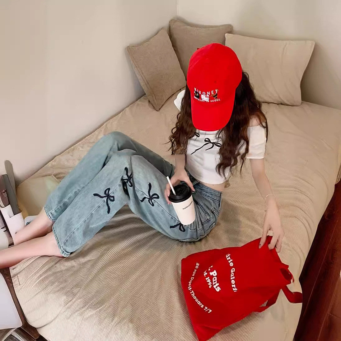 Women Butterfly Embroidered Jeans Wide-leg Pants