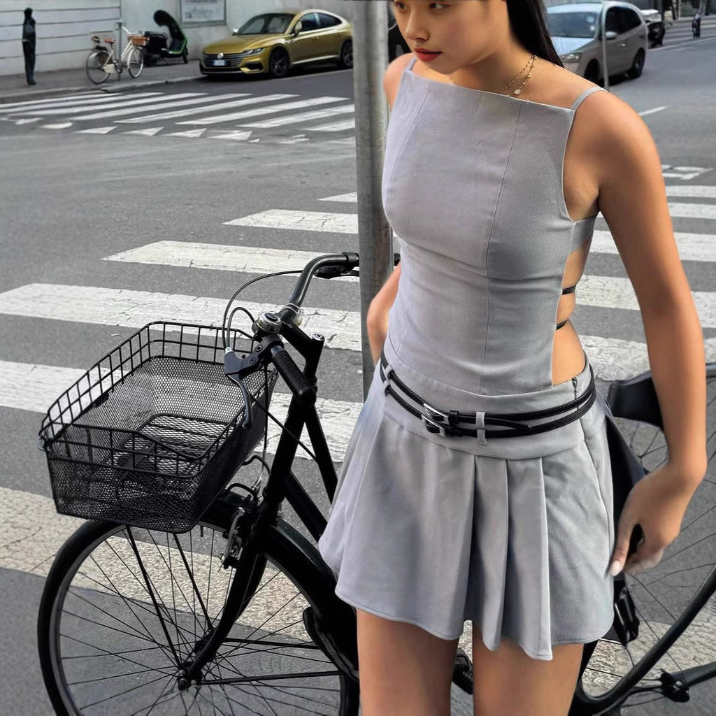 Sexy Sling Backless Belt Pleated Dress