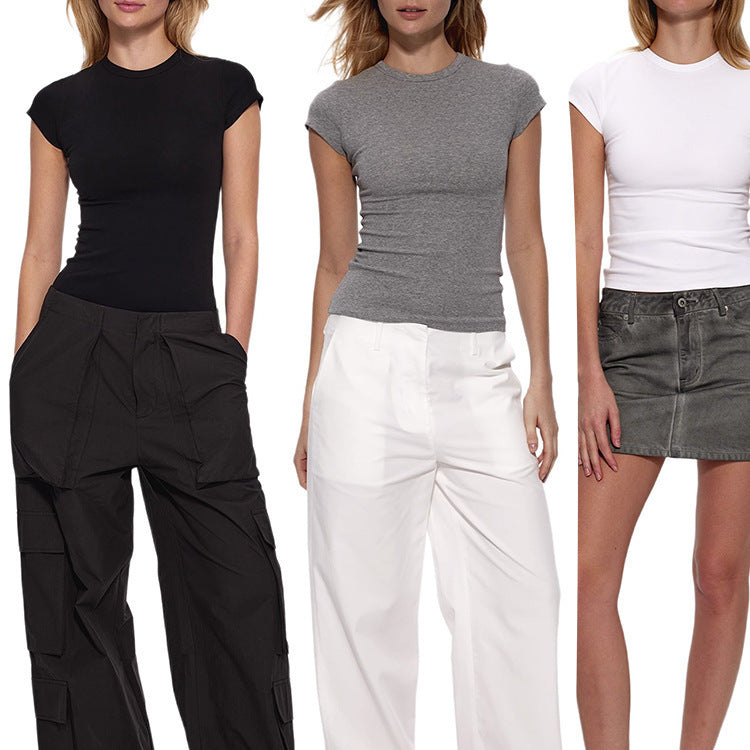 Women's Shoulder Round Neck T-shirt Slim Fit Slimming