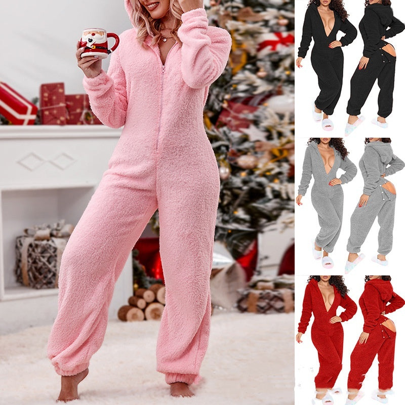 Long Sleeve Hooded Trousers Plush Homewear Pajamas Jumpsuit