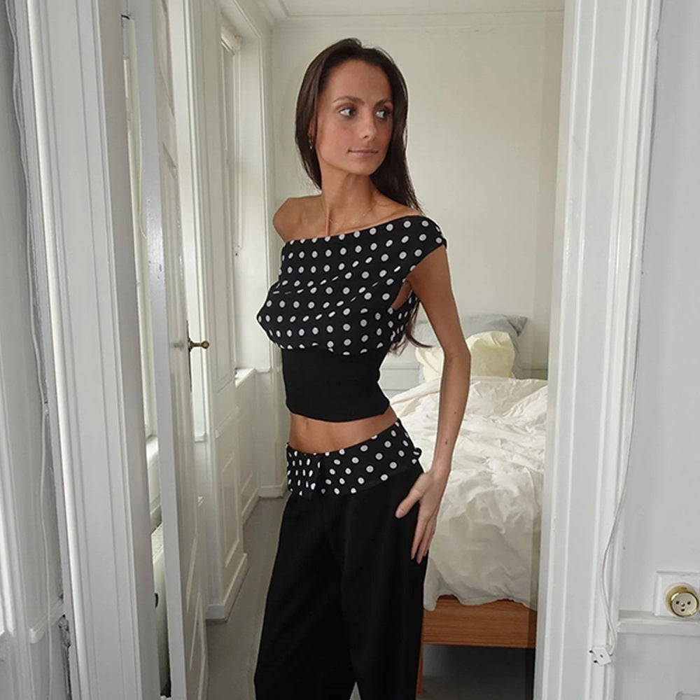 Polka Dots Print Oblique Shoulder Top Summer Patchwork Chiffon Crop Top Women Sexy Sleeveless Lace Up Backless