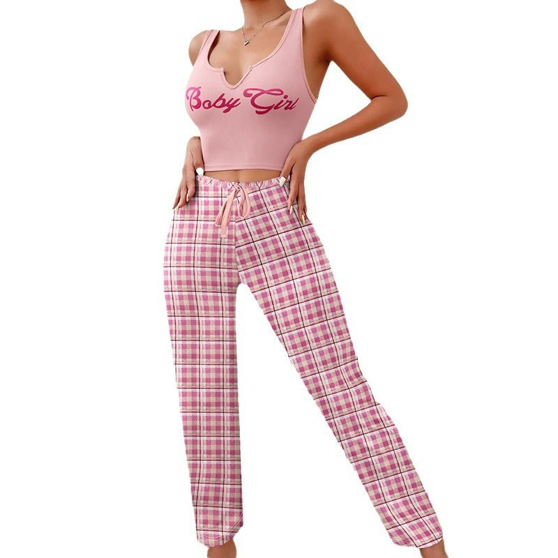 Women's Spring/Summer Casual Pajama Set â€?Sleeveless Letter Print Top and Color-Blocked Plaid Pants