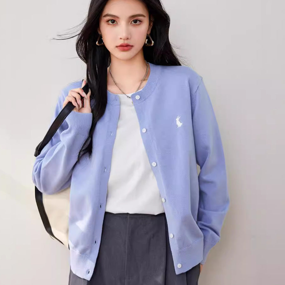 Simple Wool Cardigan Women's Sweater Coat Embroidered Rabbit Solid Color