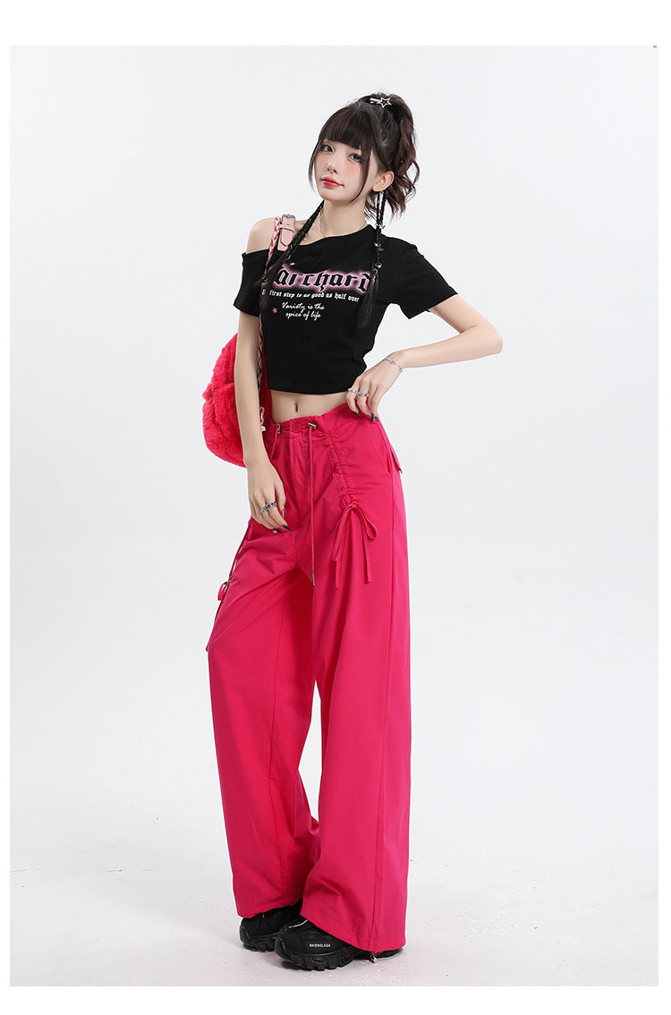 Straight Cargo Pants Women Bow Drawstring Wide Leg Track Pants
