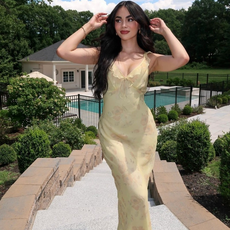 Vintage Printed Slim Strap Dress