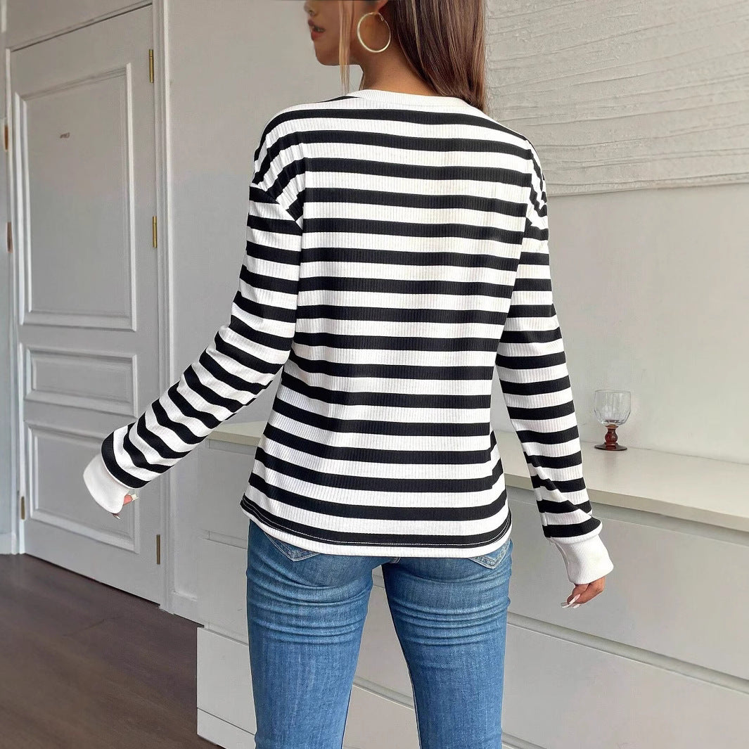 Long Sleeve Crew Neck Striped Floral Sweatshirt