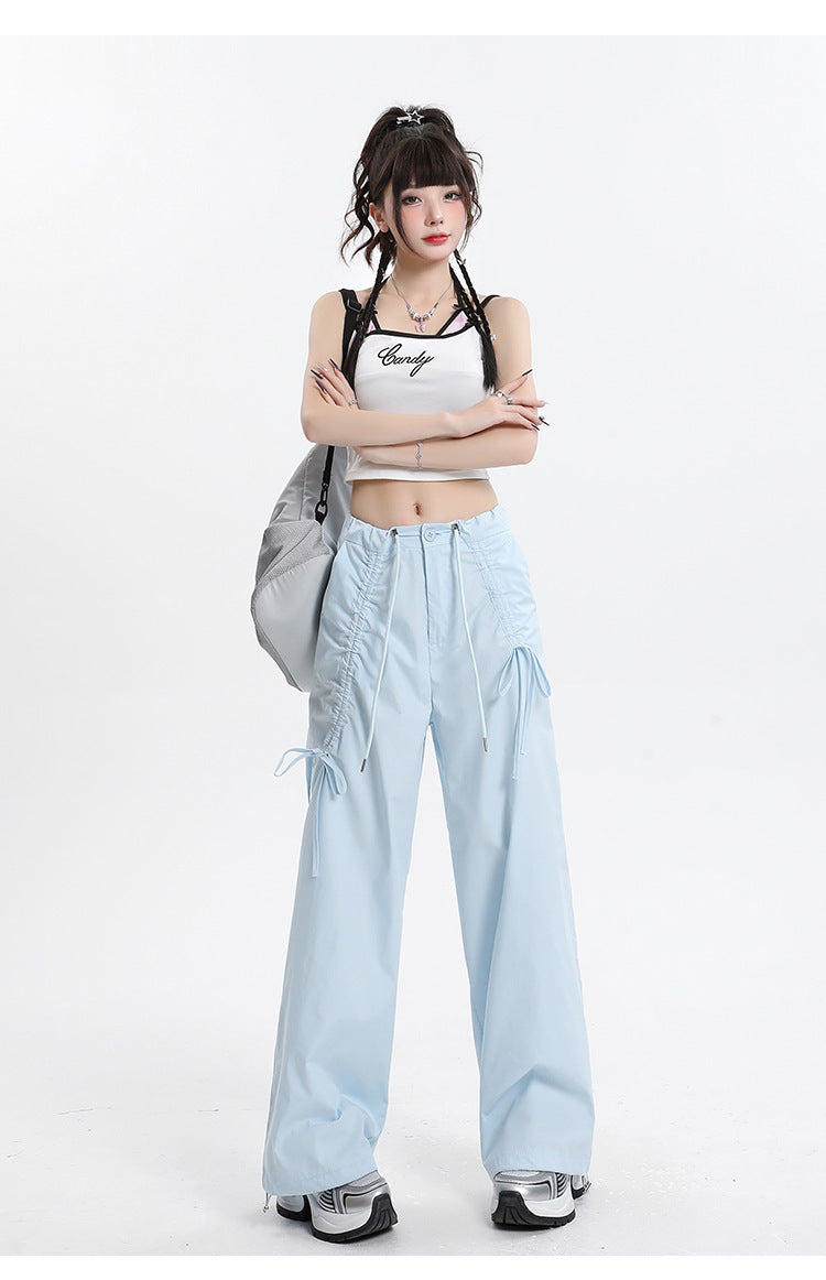 Straight Cargo Pants Women Bow Drawstring Wide Leg Track Pants