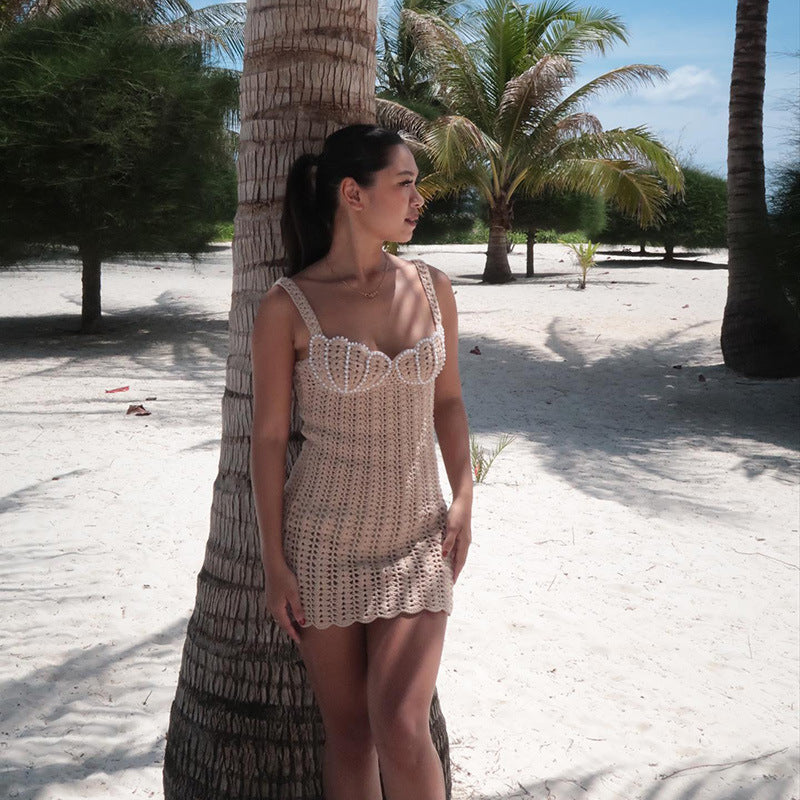 Vacation Style Hollow Pearl Decorative Skirt