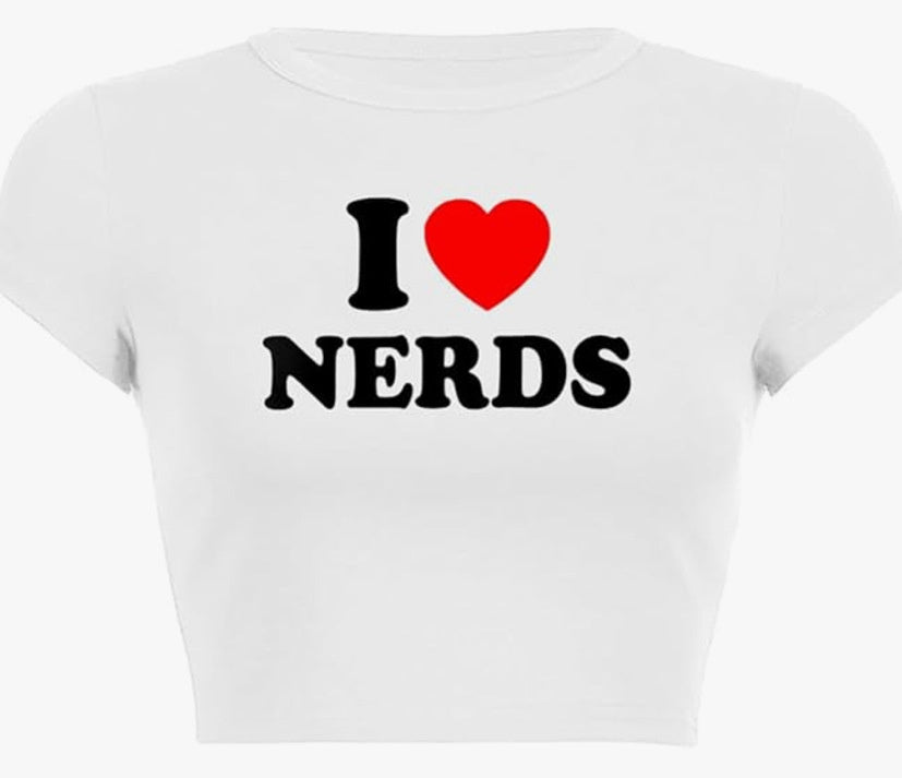 I ❤️ My Boyfriend \ I Love Nerds Letter Print Midriff-baring Short Sleeve