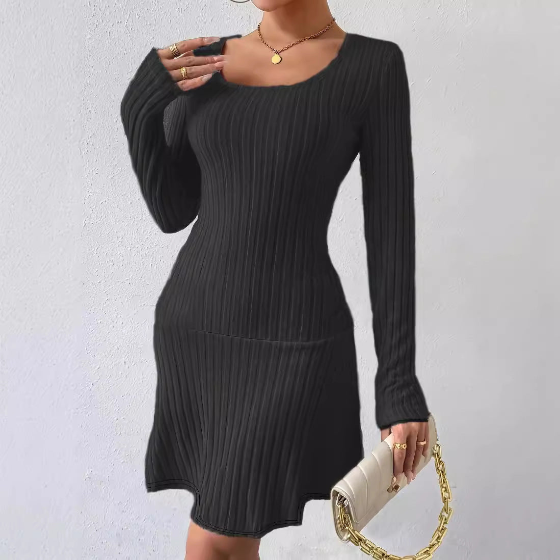 Fashion Solid Color Waist Tight Long Sleeve Dress