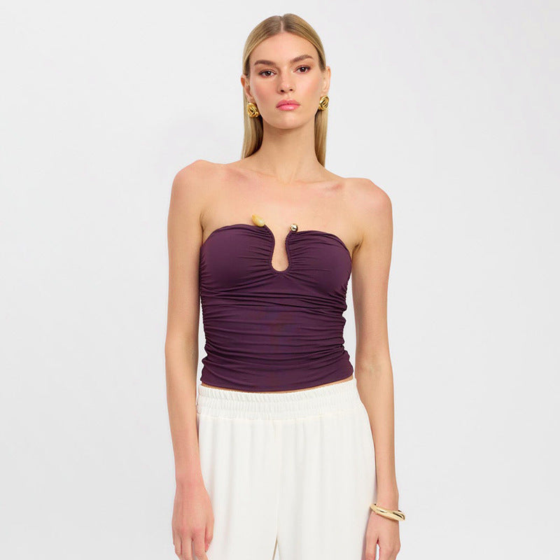 Solid Color Chest-wrapped Backless Pleated Agate Top