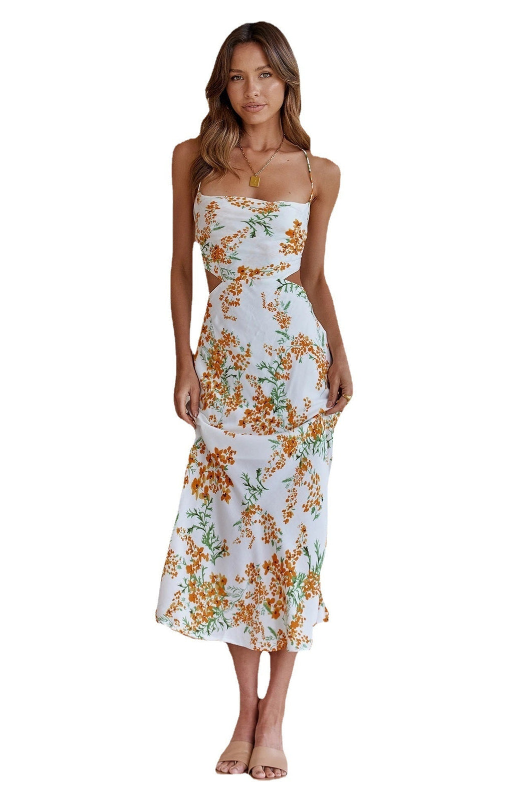 New Small Floral Print Backless Lace-up Sweet Spaghetti-strap Dress