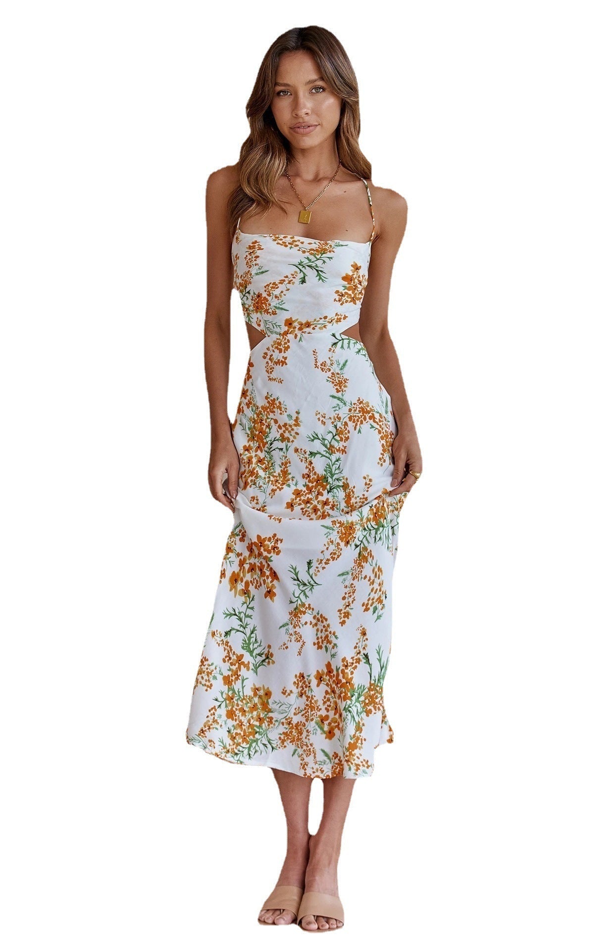 New Small Floral Print Backless Lace-up Sweet Spaghetti-strap Dress