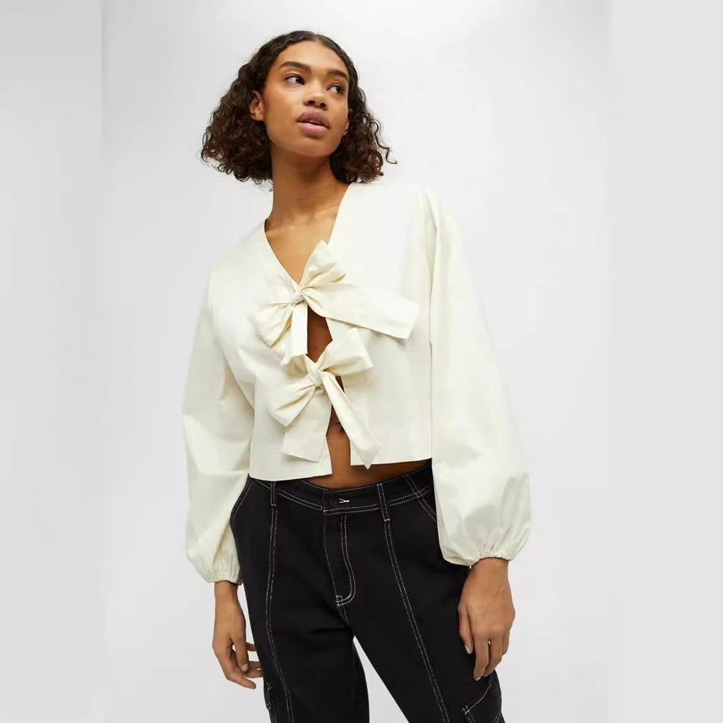 Fashion Inside-out Wear Bow Solid Color Pleating Long Sleeve Top