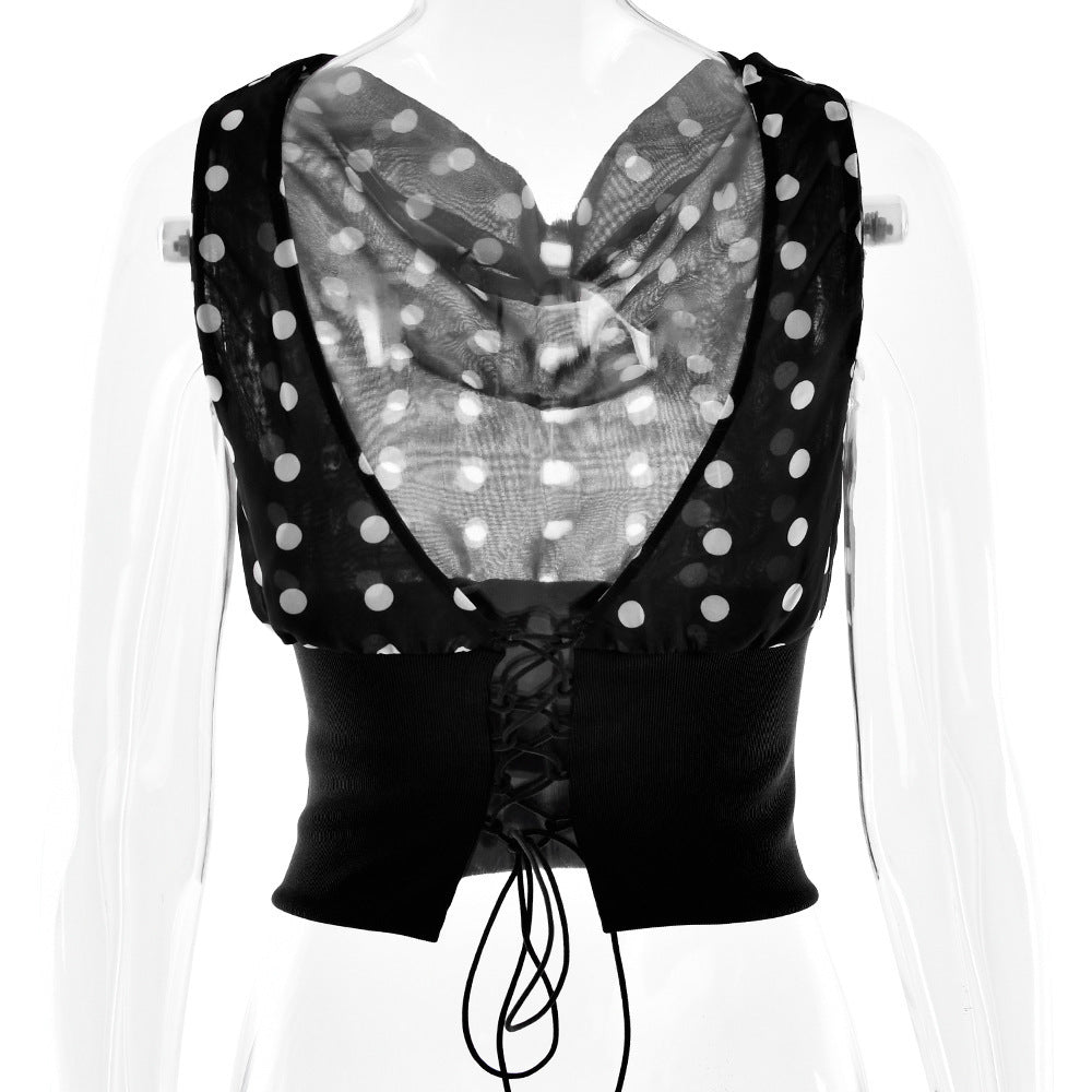 Polka Dots Print Oblique Shoulder Top Summer Patchwork Chiffon Crop Top Women Sexy Sleeveless Lace Up Backless