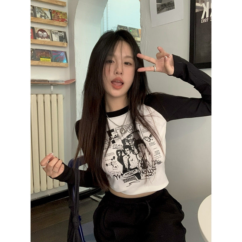 Stitching Contrast Color Cotton Printed Short Top Tight-Fitting Long-Sleeved T-shirt Women Grunge Clothes