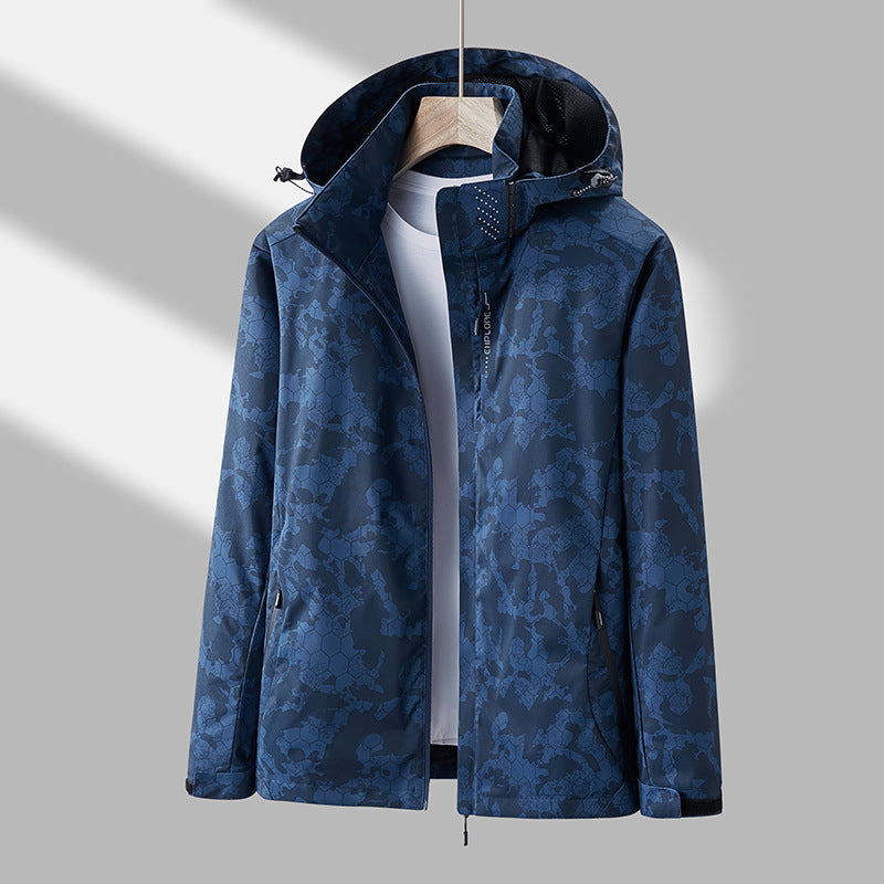 Printed Hooded Windbreaker - Solid Color Zip-up Jacket Waterproof Windproof Outwear