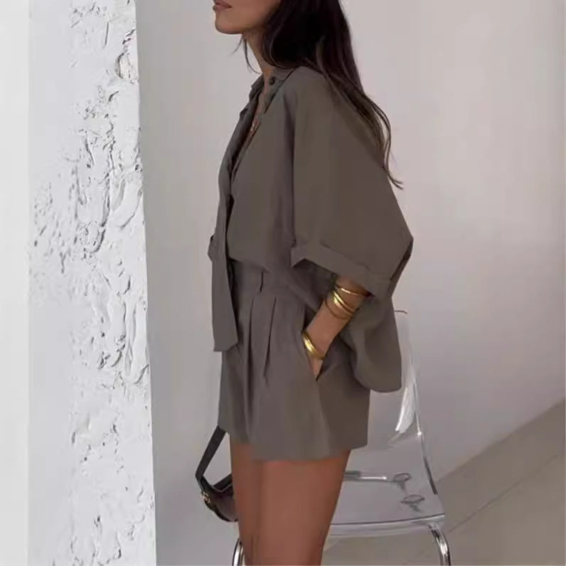 Fashion Polo Collar Half Sleeve Top And Shorts Two-piece Set