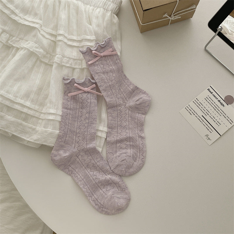Thin Mesh Solid Color Bow Mid-calf Length Loose Socks Breathable Sweat Absorbing
