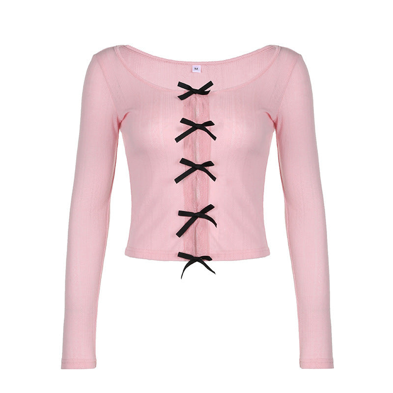 Female Bow Color Contrast Patchwork Base T-shirt Openwork Knitted Top