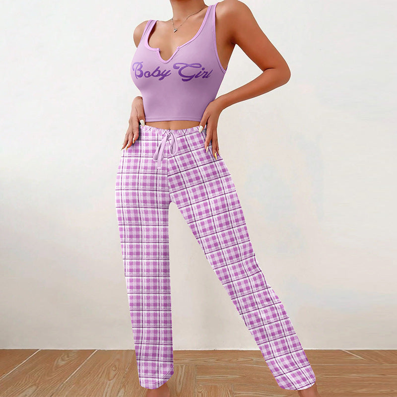 Women's Spring/Summer Casual Pajama Set â€?Sleeveless Letter Print Top and Color-Blocked Plaid Pants