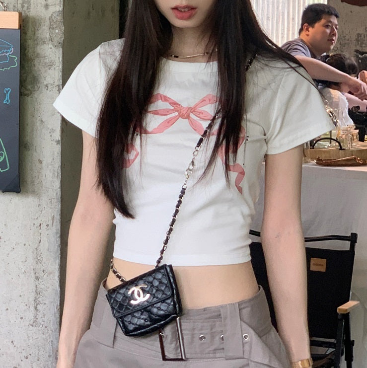 Round Neck Retro Bow Cotton Short-sleeved T-shirt For Women
