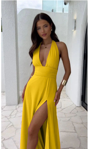 Sexy Halterneck Backless Strappy V-neck Slit Dress